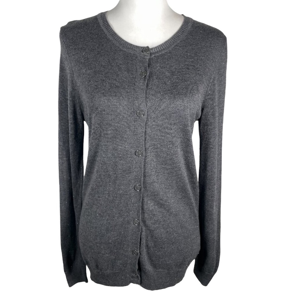 Nicole Miller Charcoal Gray Glitter Crew Neck Button Down Long Sleeve Cardigan S